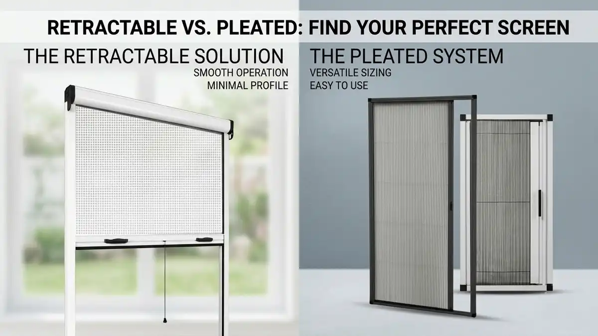 A side-by-side comparison of a smooth retractable fly screen on the left and a pleated fly screen on the right, highlighting their features and differences.