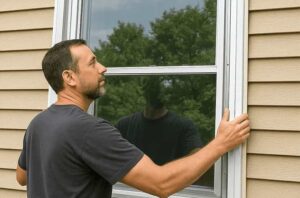 Man installing an exterior aluminum storm window on a beige vinyl-sided house wall