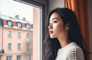 Woman standing by a window with a coffee mug, reflecting a peaceful moment that contrasts standard and soundproof window benefits.