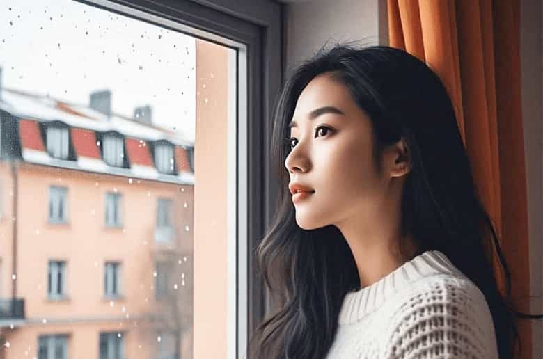 Woman standing by a window with a coffee mug, reflecting a peaceful moment that contrasts standard and soundproof window benefits.