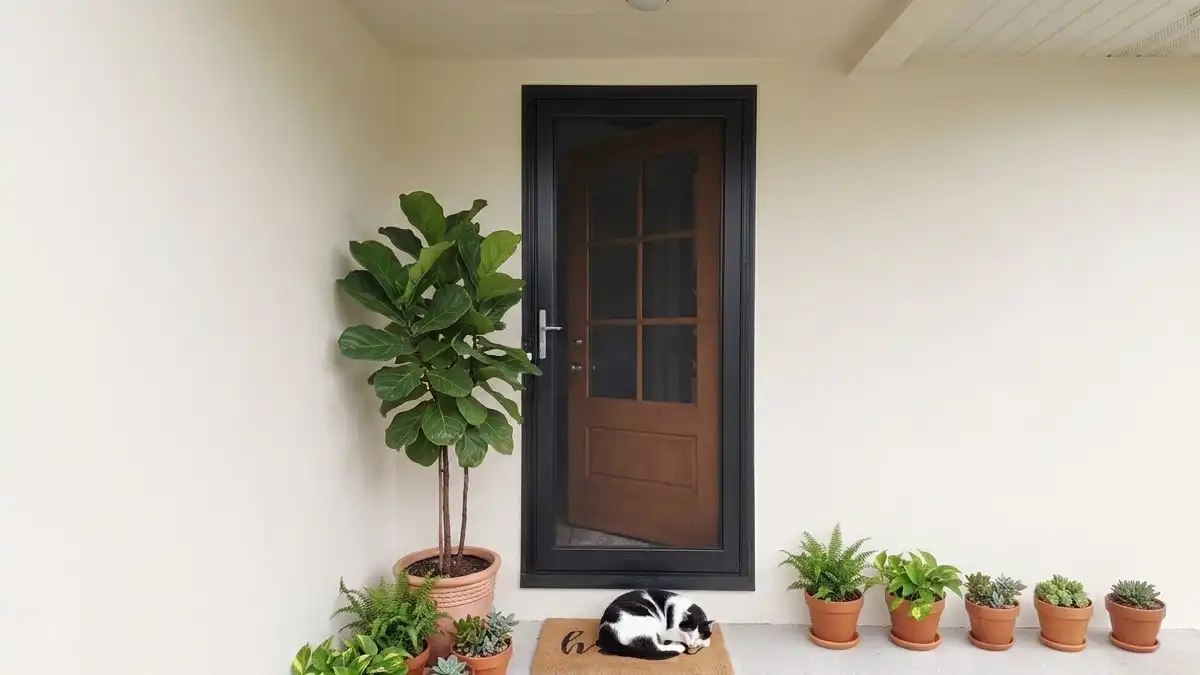 Modern black aluminum screen door with a wood interior door on a plain off-white stucco wall entryway with potted plants and a sleeping cat.