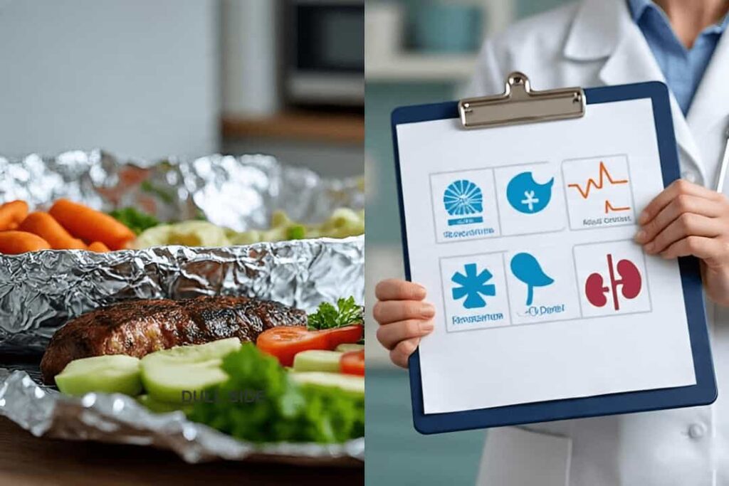 On the left side, show a kitchen scene with aluminum foil being used to cover a baking dish (containing something acidic like tomatoes or lemon slices).

On the right side, show a calm, reassuring visual: a medical professional (e.g., a doctor in a white coat) standing next to an infographic or clipboard with icons for the CDC, Alzheimer’s Association, and a kidney icon representing the body filtering aluminum.
