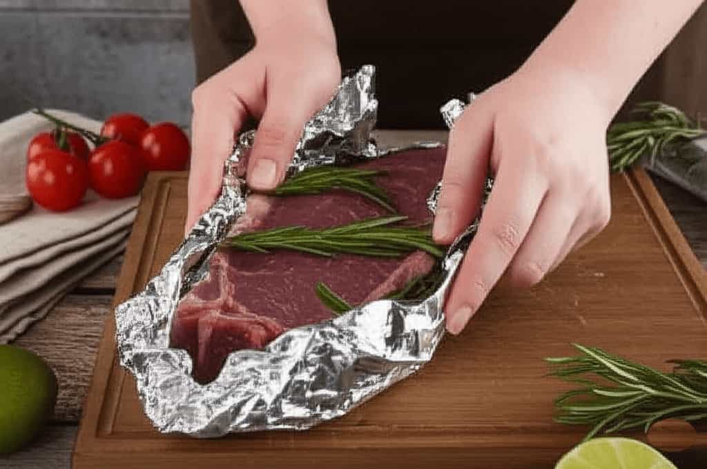 Hands wrapping seasoned meat with rosemary in aluminum foil on a wooden board, with lime and herbs nearby, illustrating high-heat cooking and food storage.