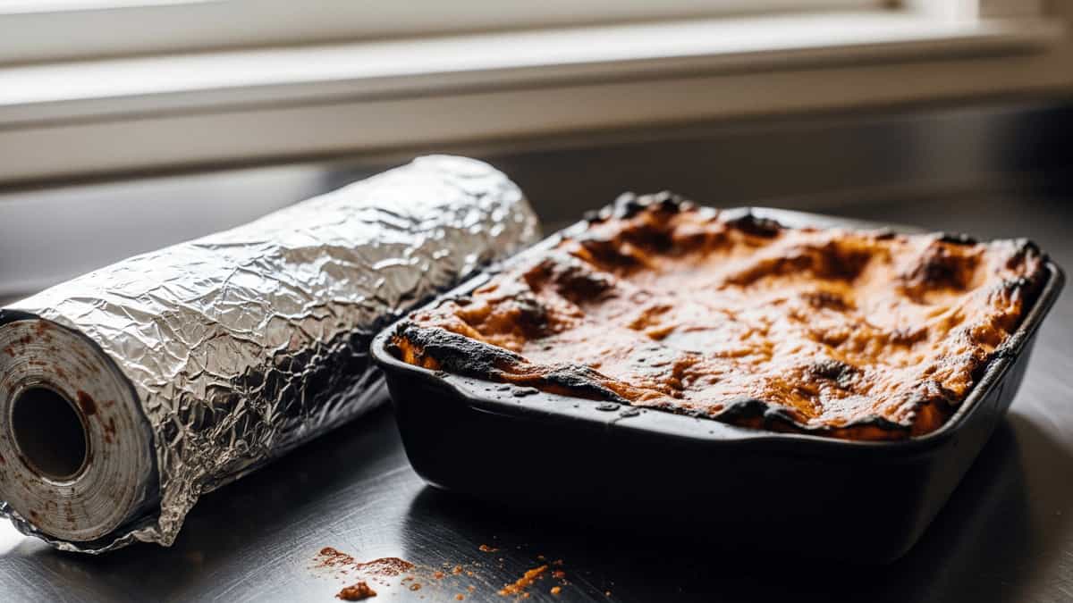 A baking dish of slightly burnt lasagna with charred edges sits next to a roll of crumpled aluminum foil on a stainless steel kitchen counter.