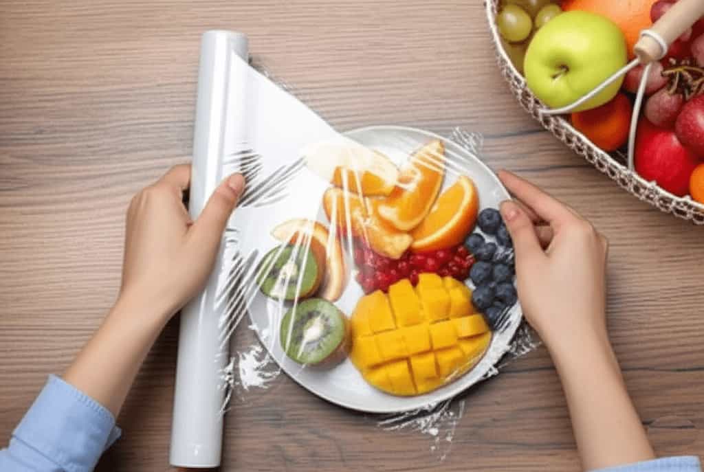 Hands wrapping a plate of fresh sliced tropical fruits with plastic wrap for short-term refrigerator storage