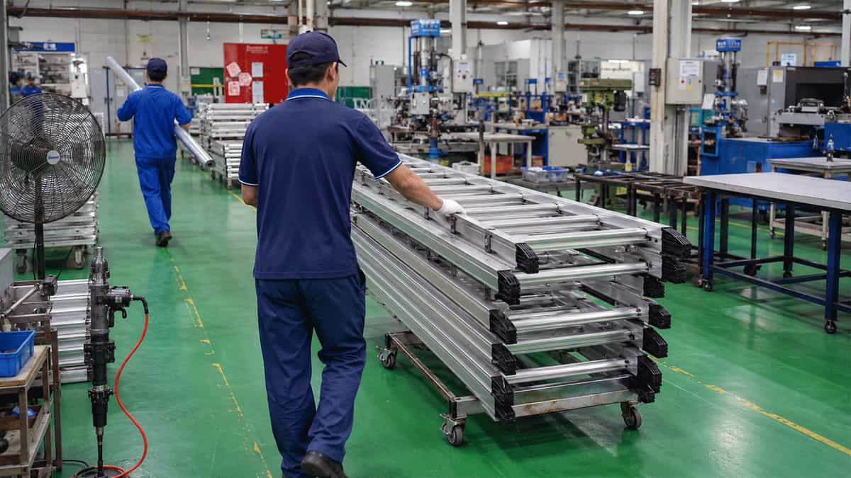 Workers assembling aluminium ladders in a modern Indian manufacturing facility, showcasing the industrial production process.