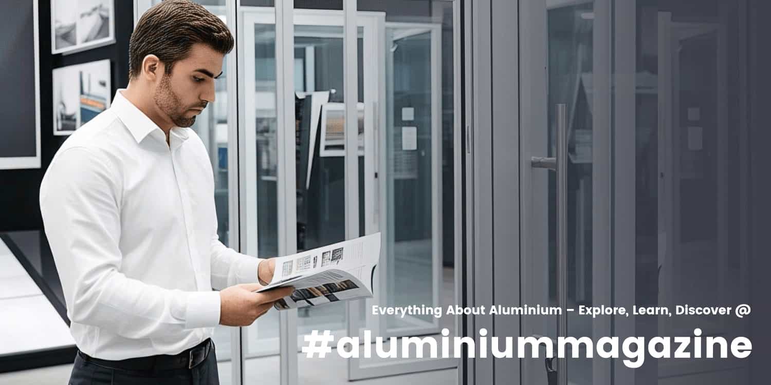 Shop owner reading Aluminium Magazine (printed version) about aluminium doors and windows