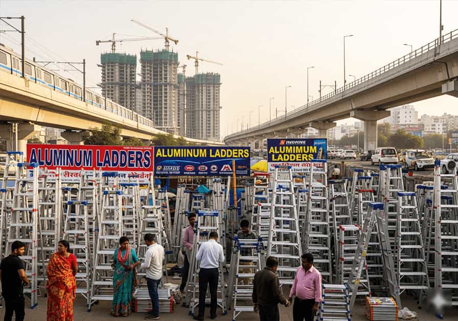A bustling outdoor market stall in India displaying a wide variety of aluminium ladders for sale, with urban infrastructure and construction in the background.