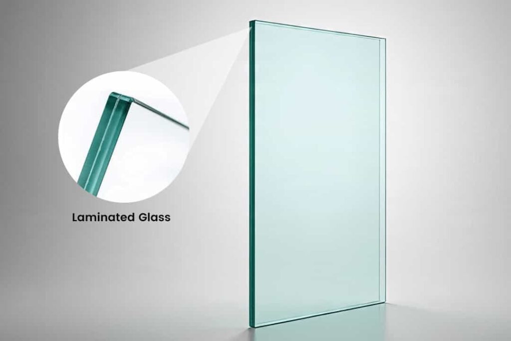Laminated glass with multiple bonded panes and PVB interlayer, educational aluminium window concept highlighting security and sound insulation