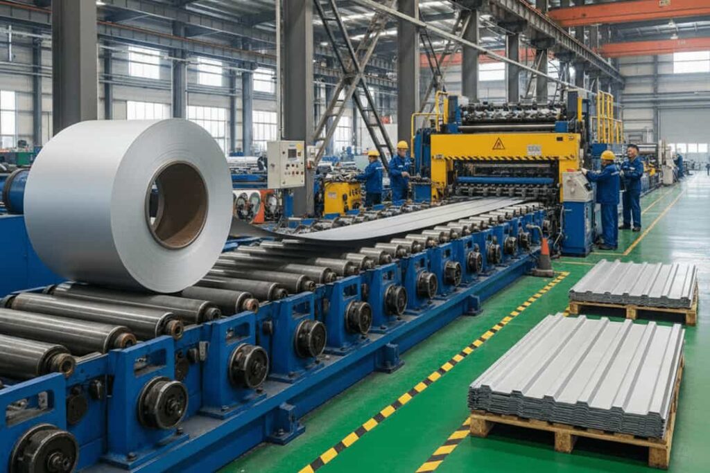 Wide view of a long roll-forming machine where a shiny aluminium mill finish coil is being transformed into corrugated roofing sheets and siding components.