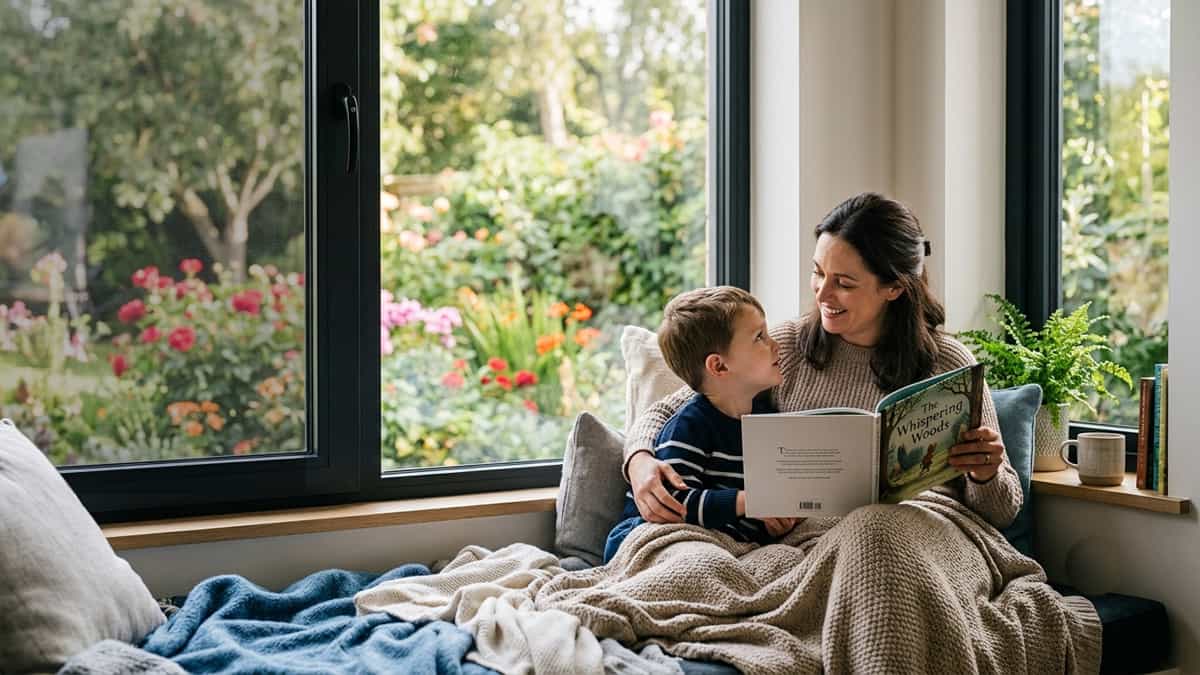 A mother and child smiling while reading a book by a window, with a fine aluminum mesh mosquito net visible in the frame.
