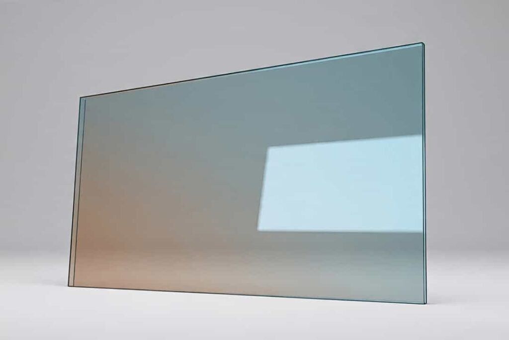 Tinted glass in grey, bronze, or blue, educational aluminium window concept showing glare reduction and solar heat absorption