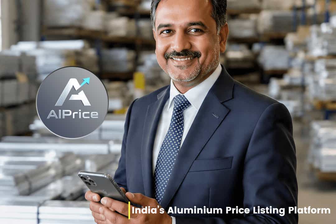 An Indian aluminium supplier in a warehouse, smiling as he uses the AlPrice mobile platform to list product prices and connect directly with buyers.