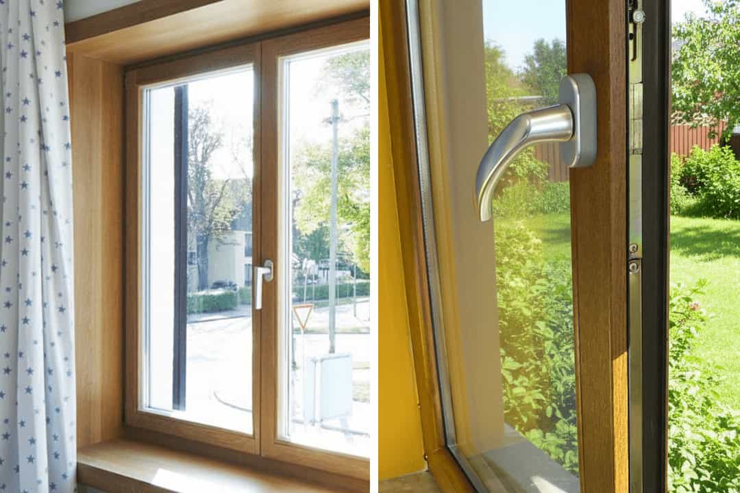 Interior view of a wooden-look aluminium-clad window (alu-wood hybrid) with a silver handle, offering an energy-efficient solution with the warmth of wood inside and durability of aluminium outside.