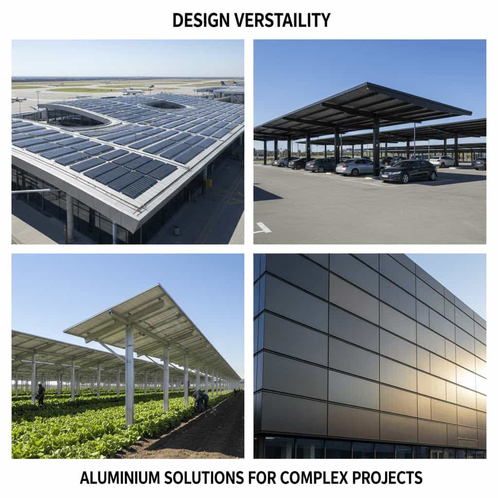 A four-panel collage illustrating the design versatility of aluminium solar mounting: curved airport roof, parking canopies, high agrivoltaics over crops, and a sleek colored BIPV facade on an office building.