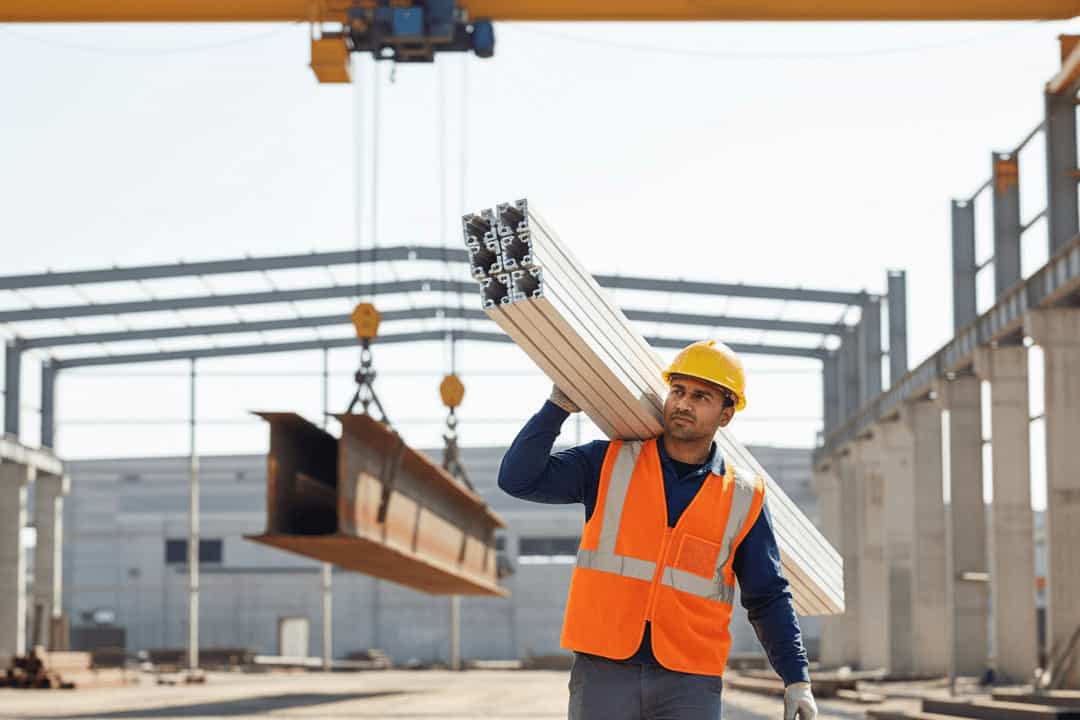 Close-up of a construction worker effortlessly carrying several long aluminium mounting rails on their shoulder, demonstrating the material's lightweight advantage over heavier steel.