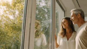 A couple standing next to a modern aluminium window, looking outside in warm sunlight with a thoughtful, positive expression.