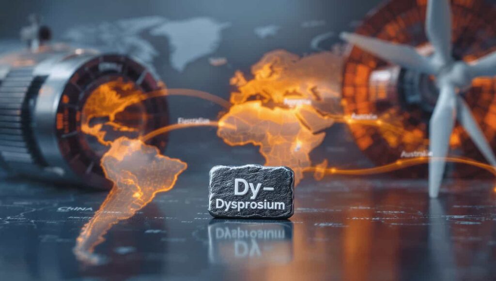 Dysprosium metal sample on world map with EV motors and wind turbines showing global supply risk.