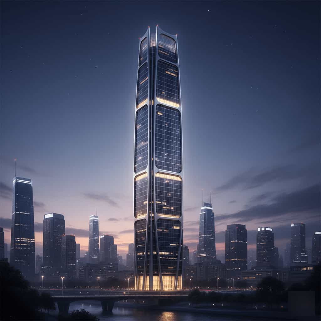 A futuristic, self-sufficient skyscraper in a city skyline at dusk, glowing subtly from the stored energy generated by its Building-Integrated Photovoltaics (BIPV) facade.
