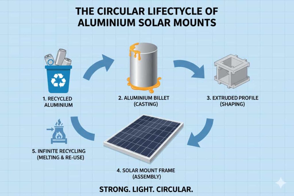 Diagrammatic infographic showing the circular lifecycle of an aluminium solar mounting system: from recycled can, to billet, to solar frame profile, and back into the closed-loop recycling process.
