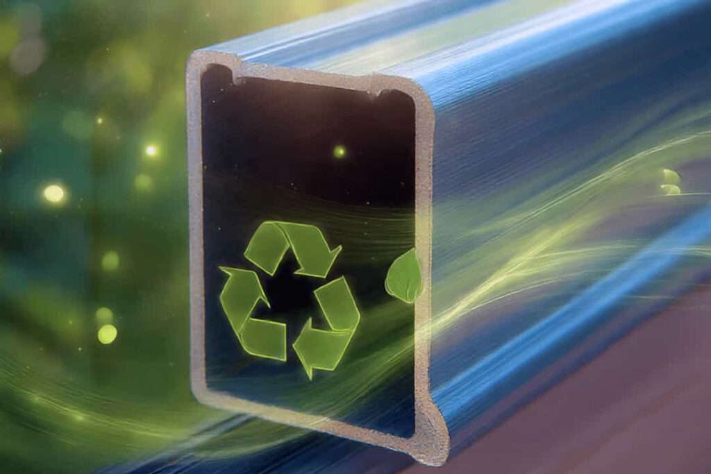 A highly precise aluminum profile being manufactured, symbolizing quality and reduced scrap, a key component of ESG and sustainable fabrication.