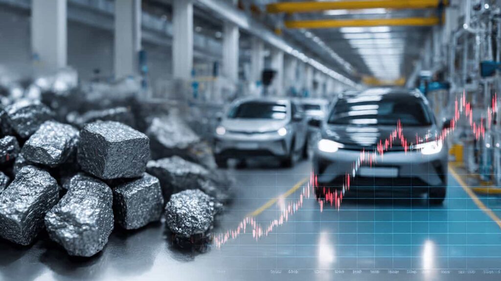 NdPr rare earth material and EV manufacturing plant showing price volatility link.
