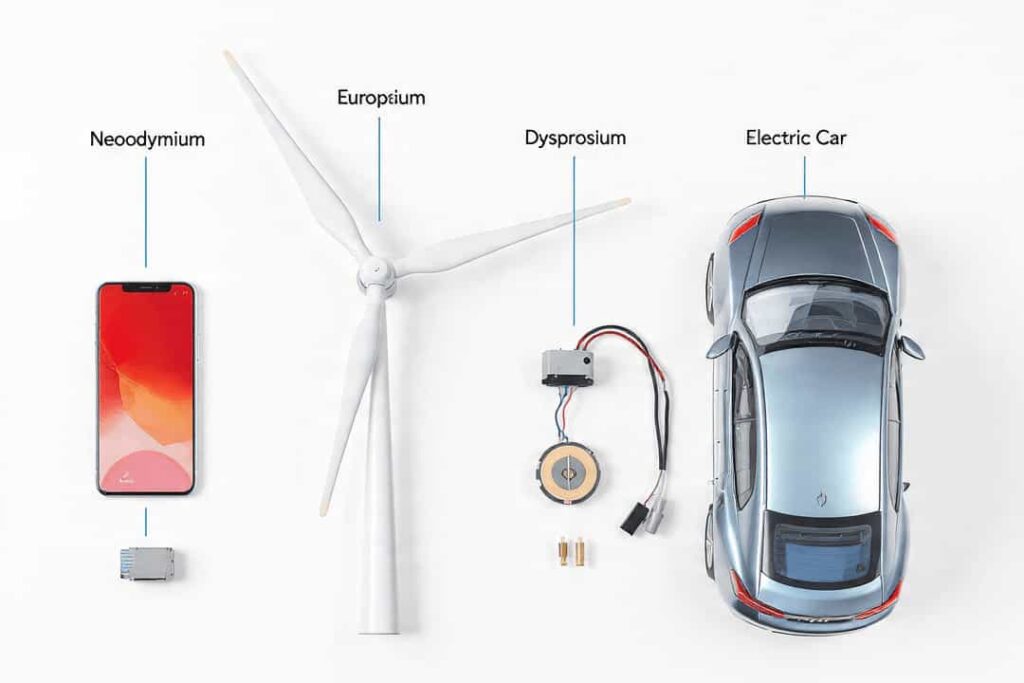 Infographic showing Neodymium in smartphones and EV motors, Europium for phone screens, and Dysprosium in wind turbine generators and electric cars, illustrating rare earth mineral applications.