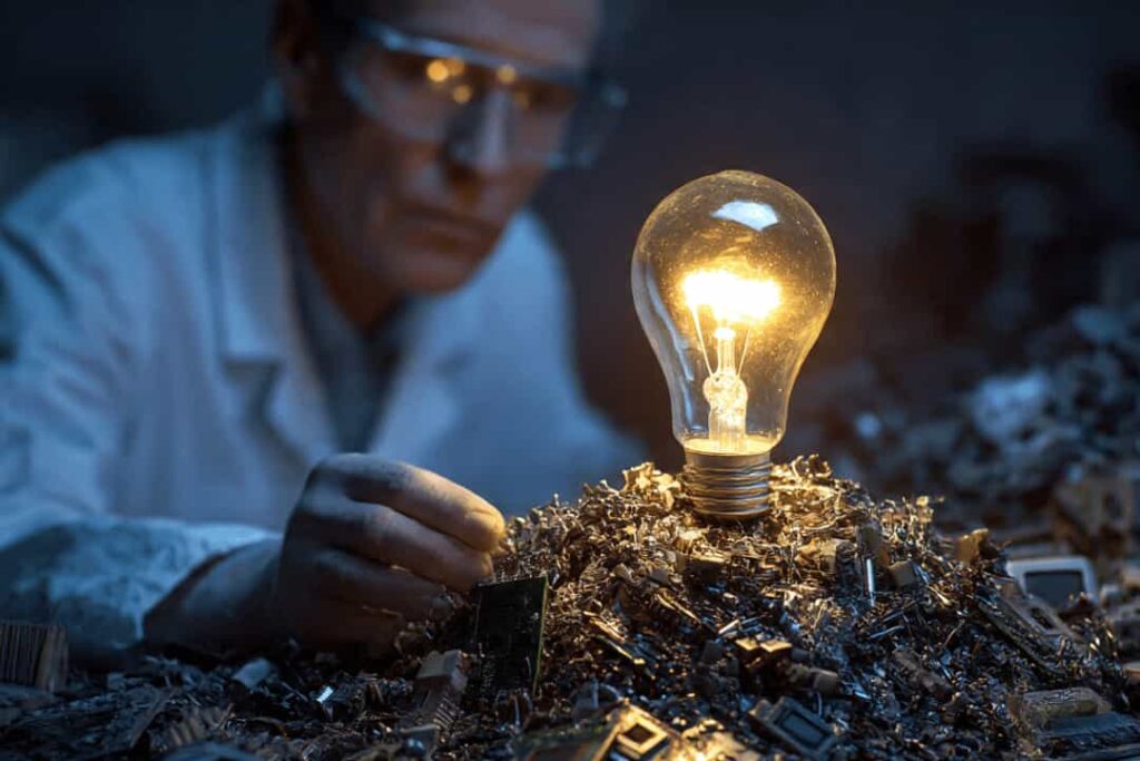 Scientist in a lab coat examining a glowing lightbulb sitting atop a large pile of electronic waste and circuit boards, symbolizing innovation and rare earth mineral recycling (urban mining).