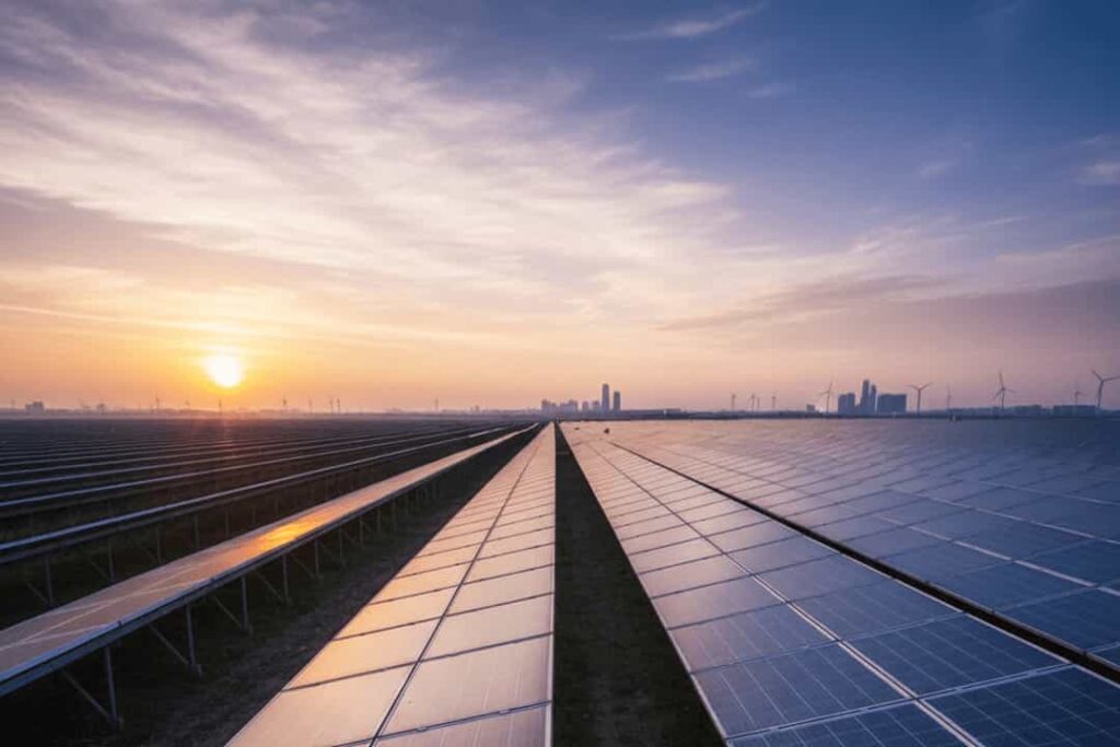 Dusk or dawn shot of a vast solar farm with endless rows of aluminium-framed panels under a low sun, casting long shadows and symbolizing a reliable, sustainable energy future.