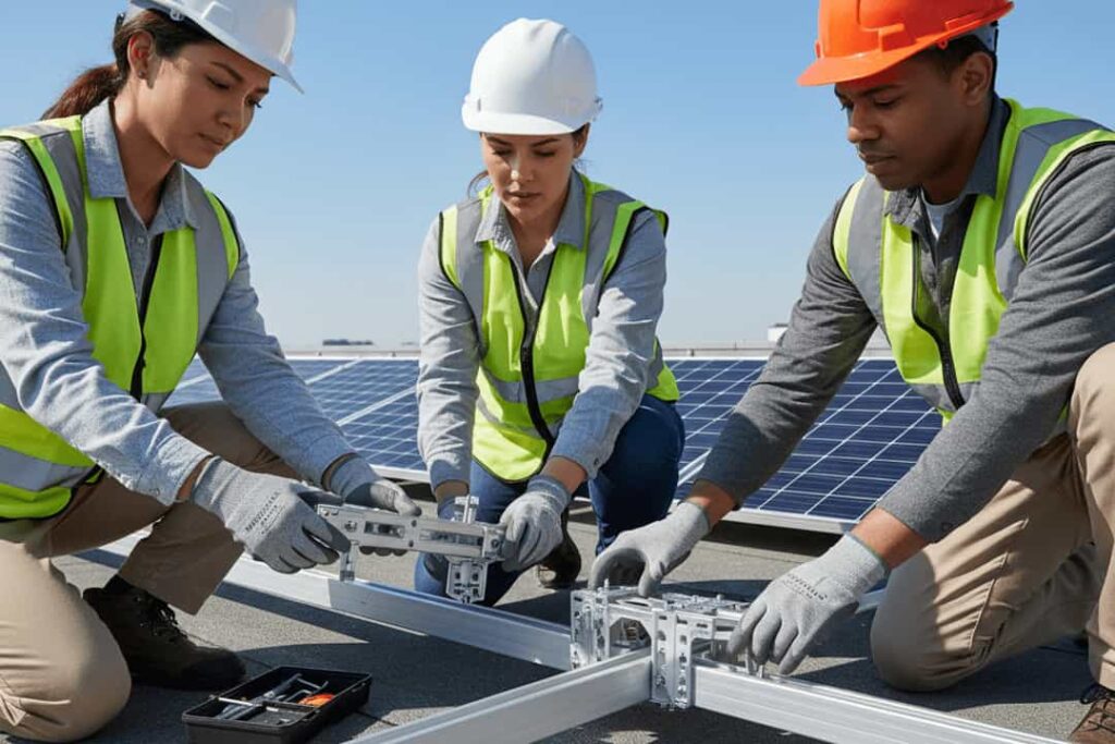 Ground-level view of a small team of solar installers manually snapping together lightweight, modular aluminium mounting components on a rooftop, demonstrating quick, tool-free assembly.