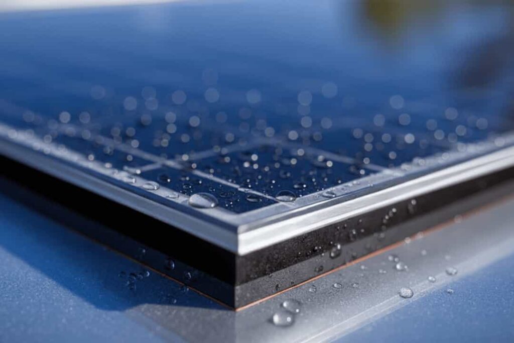 Highly detailed macro shot of an uncorroded aluminium solar panel frame with rain droplets on the glass, showcasing water resistance and long-term durability.