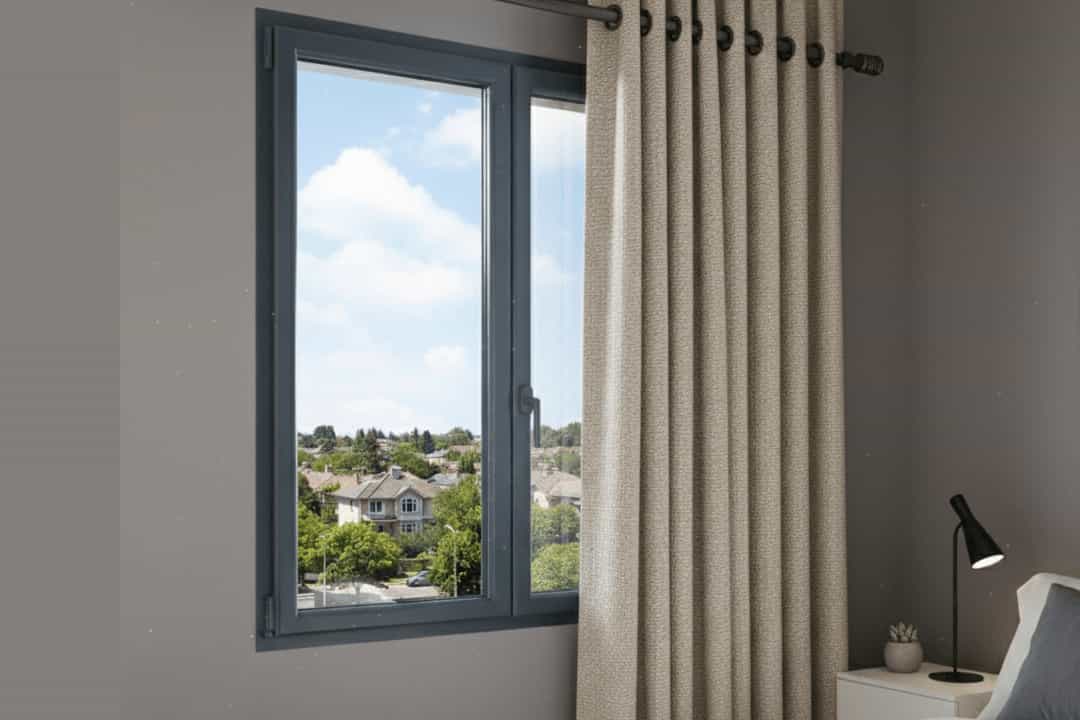 Standard Single Glazed Aluminium window in a modern bedroom with closed beige curtains, looking out over a suburban neighborhood on a sunny day.