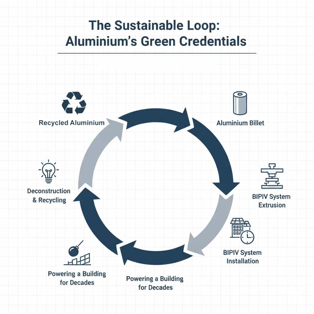 A circular diagram showing the sustainable life cycle of aluminium used in BIPV systems, from Recycled Aluminium to Extrusion, Installation, Decades of Use, and back to Recycling.
