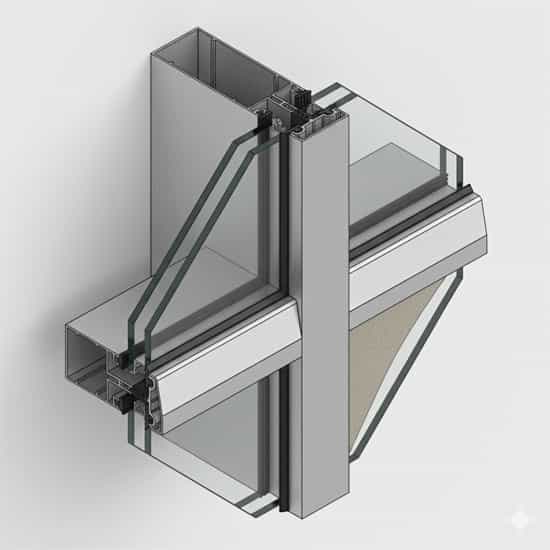Close-up technical cross-section of a Semi-Unitized Captive Curtain Wall system, showing the aluminum mullion, double-glazed glass unit (DGU), and external aluminum pressure plate and cap.