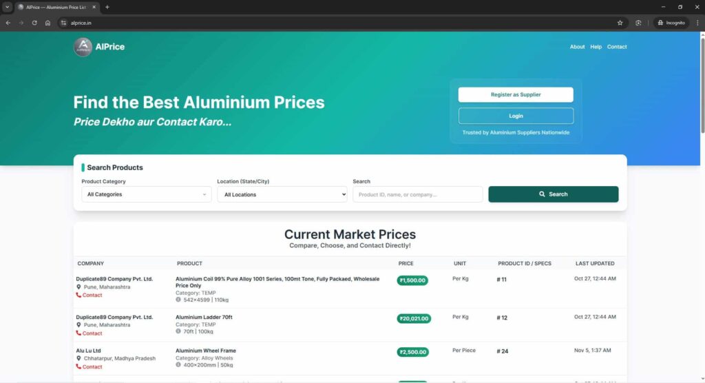 Screenshot of the AlPrice.in platform, showing a transparent aluminium price list with companies, products, and real-time prices.