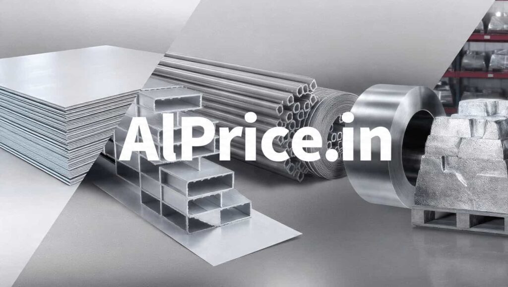 Horizontal collage of aluminium sheets, extrusion profiles, coil, and primary ingots, displaying the AlPrice.in logo.