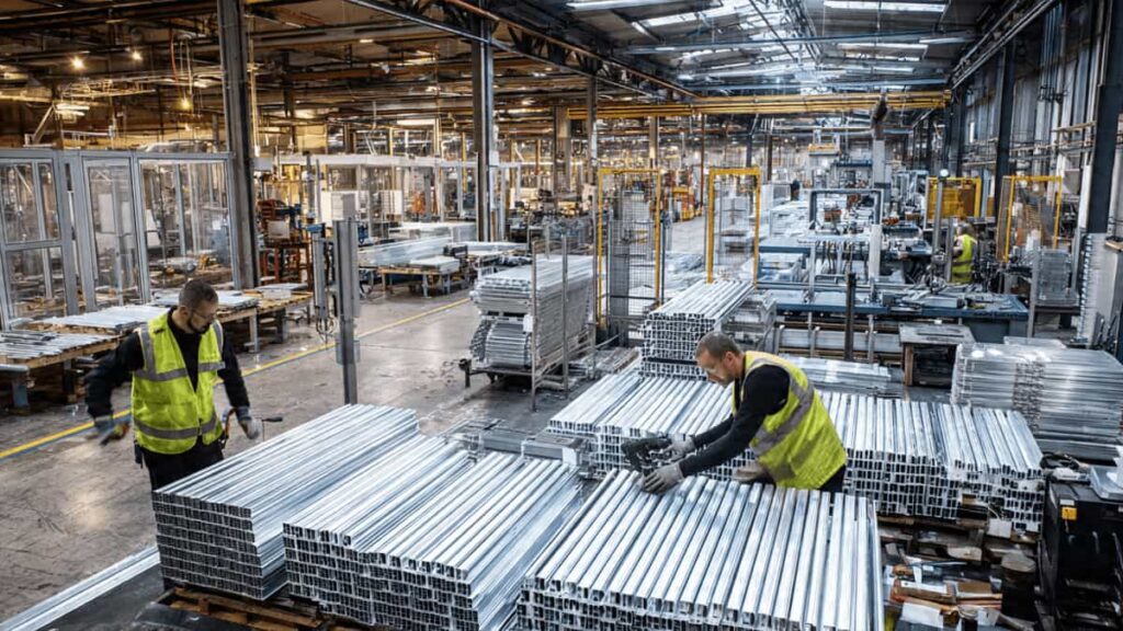 Aluminium facade and window manufacturing unit with workers operating machines, cutting extrusions and assembling frames on a production line.