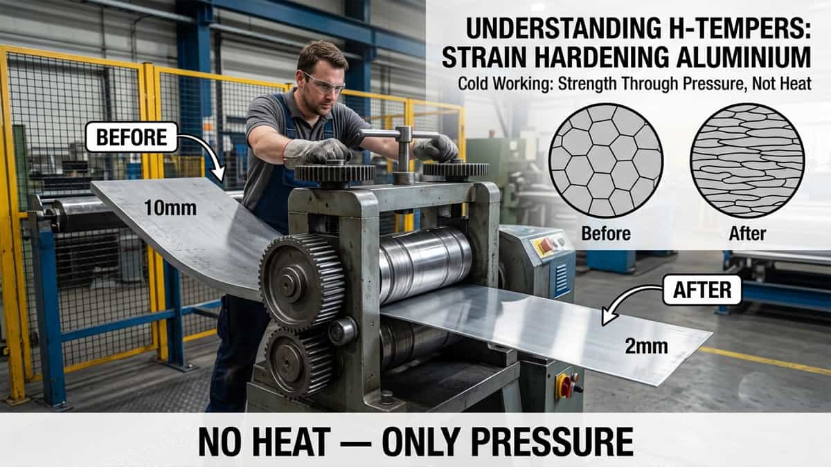 Man operating a cold rolling mill to strain harden an aluminium sheet, illustrating the "before" and "after" of cold working. Inset diagram shows microscopic changes from disorganized to aligned grain structure.
