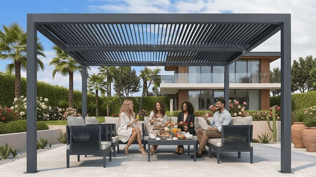 A modern dark grey aluminium louvered pergola providing shade over an elegant outdoor living area with people enjoying drinks and food in a luxurious garden setting.