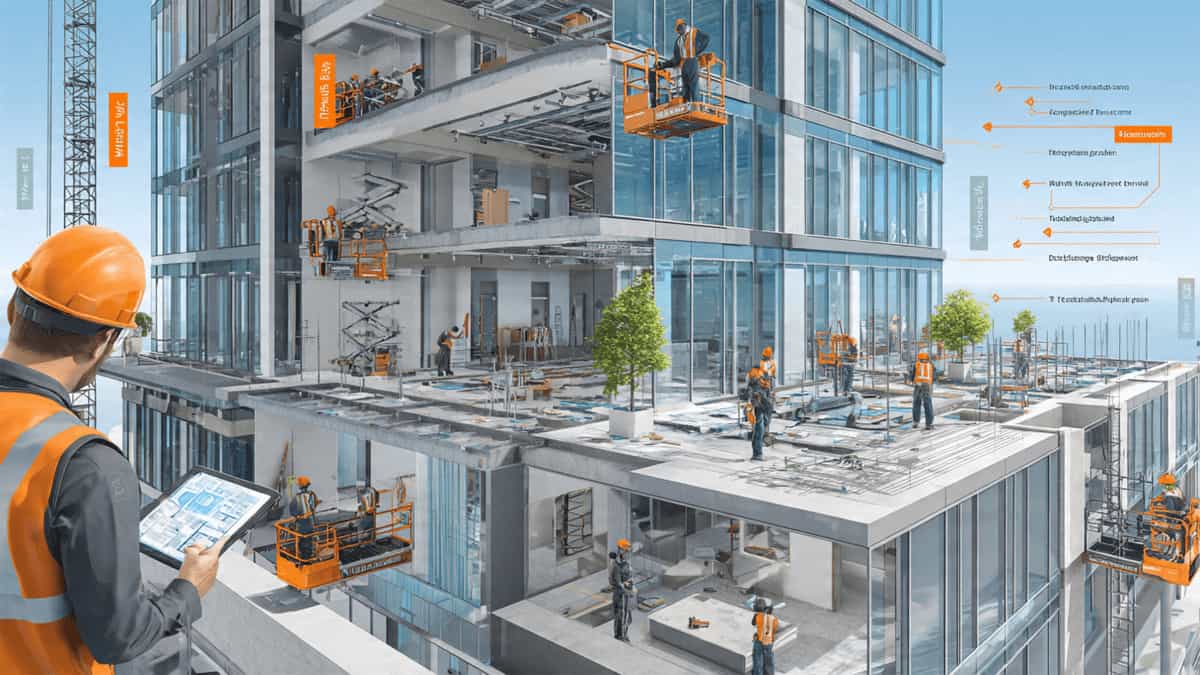 Construction site professionals installing structural facade panels on a high-rise building, using lifts and reviewing digital BIM plans on a tablet.