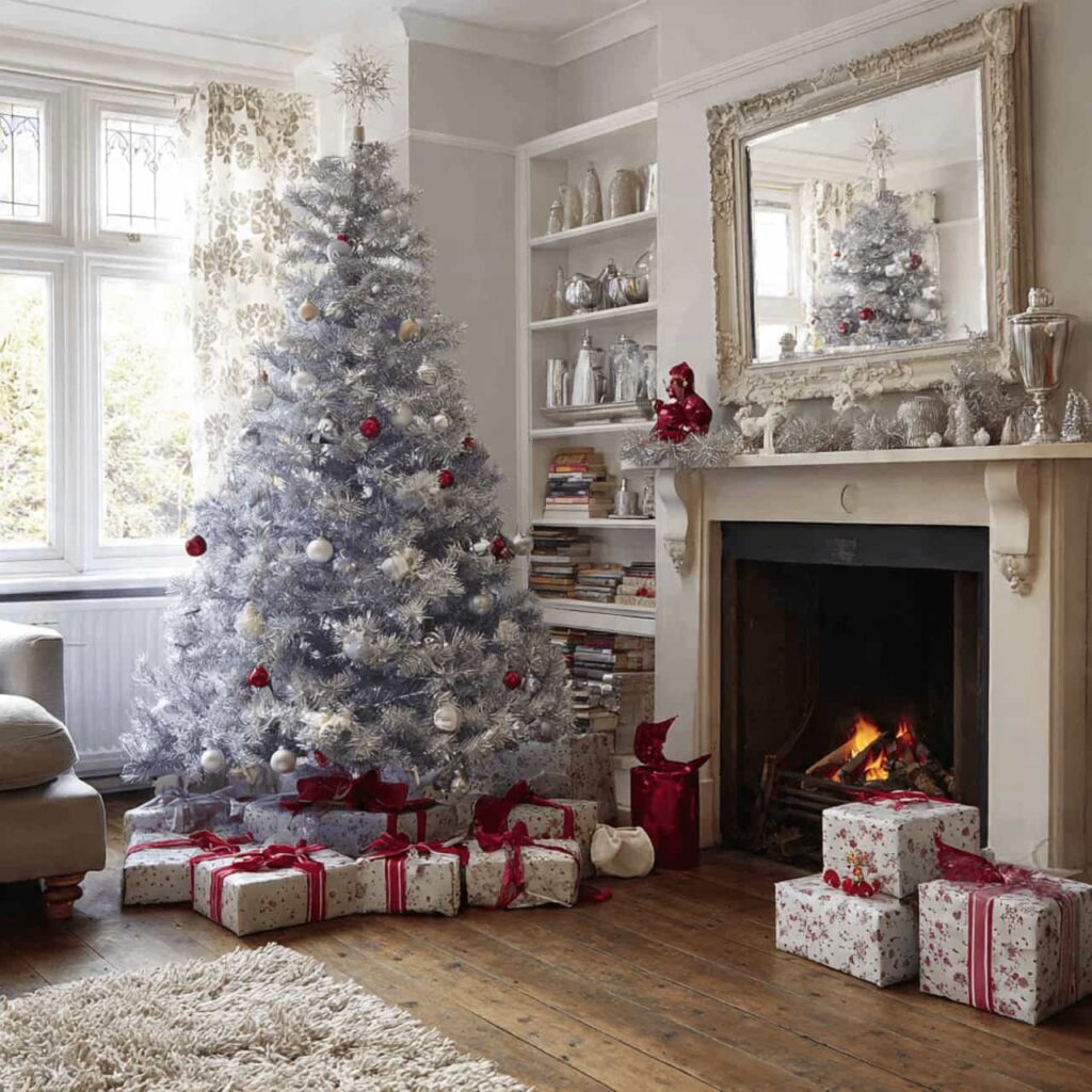 A silver aluminum Christmas tree decorated with red baubles and matching red-wrapped presents in a cozy room with bookshelves and a fireplace.