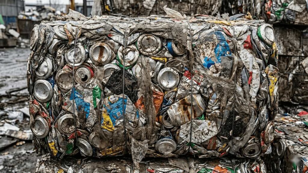 Close up of a compressed bale of recycled aluminium cans showing contamination with plastic labels and dirt at a recycling facility.