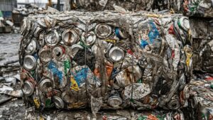 Close up of a compressed bale of recycled aluminium cans showing contamination with plastic labels and dirt at a recycling facility.