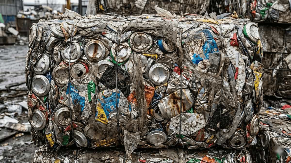 Close up of a compressed bale of recycled aluminium cans showing contamination with plastic labels and dirt at a recycling facility.