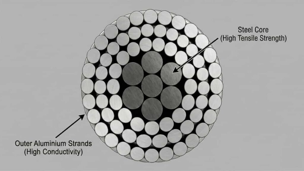 Cross-section diagram of an ACSR cable showing a central steel core for tensile strength surrounded by outer aluminium strands for conductivity.