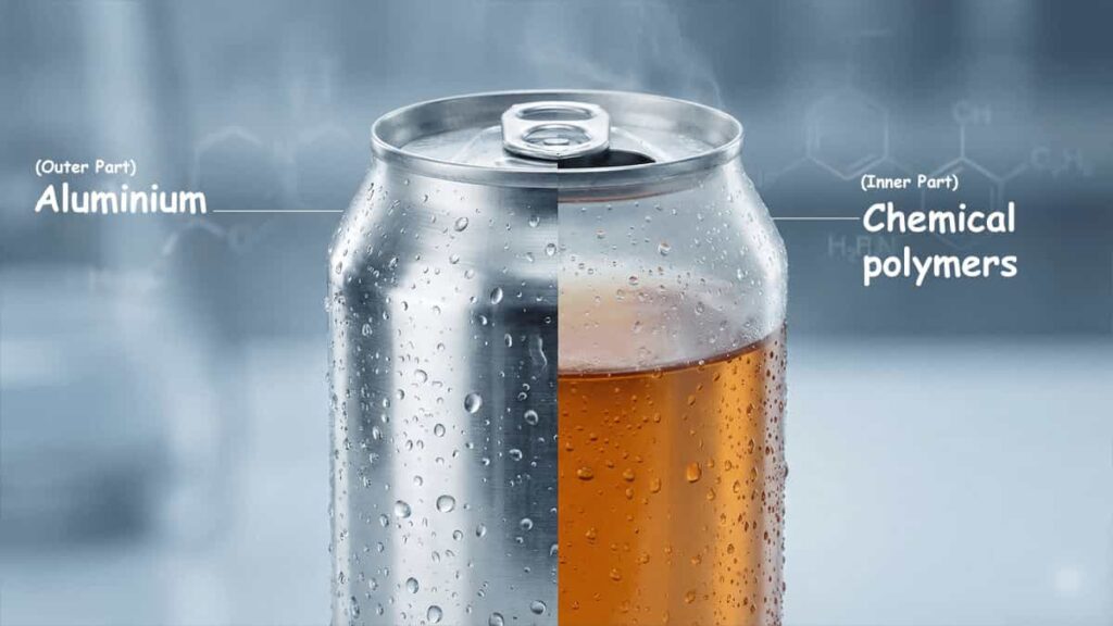 Educational split-view illustration of a beverage can: The left half shows the metallic aluminium exterior, while the right half reveals the internal chemical polymer lining holding the liquid, with chemical structure diagrams in the background.