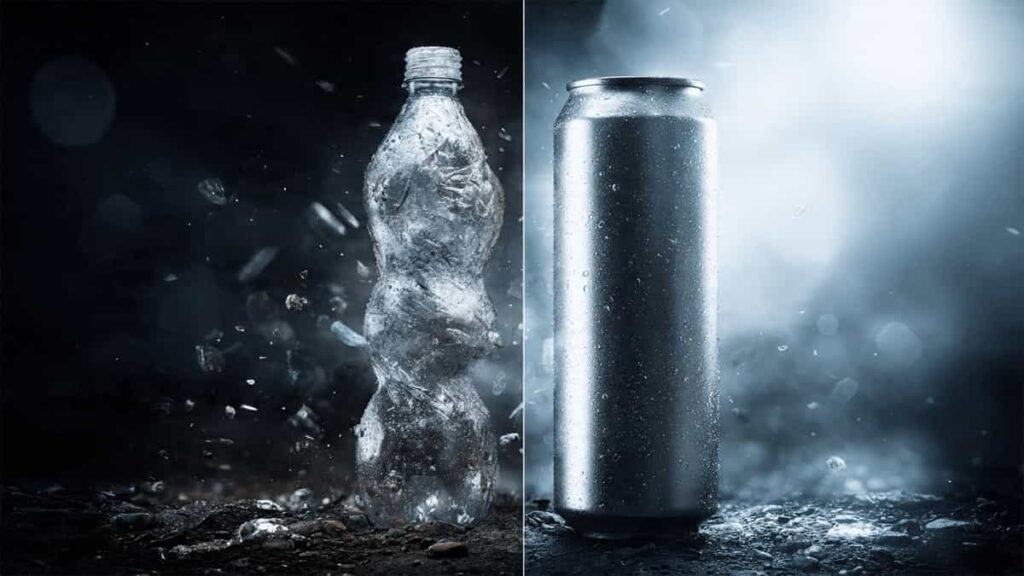 A dramatic split-screen comparison: a crushed, dirty plastic water bottle surrounded by debris on the left versus a pristine, cold aluminium can with condensation on the right.