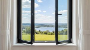 Open aluminum casement window with slim black frames letting in natural daylight