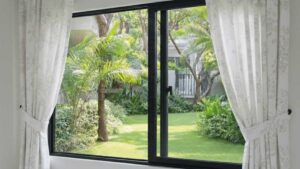 Aluminium Sliding Window with white Curtain on both side