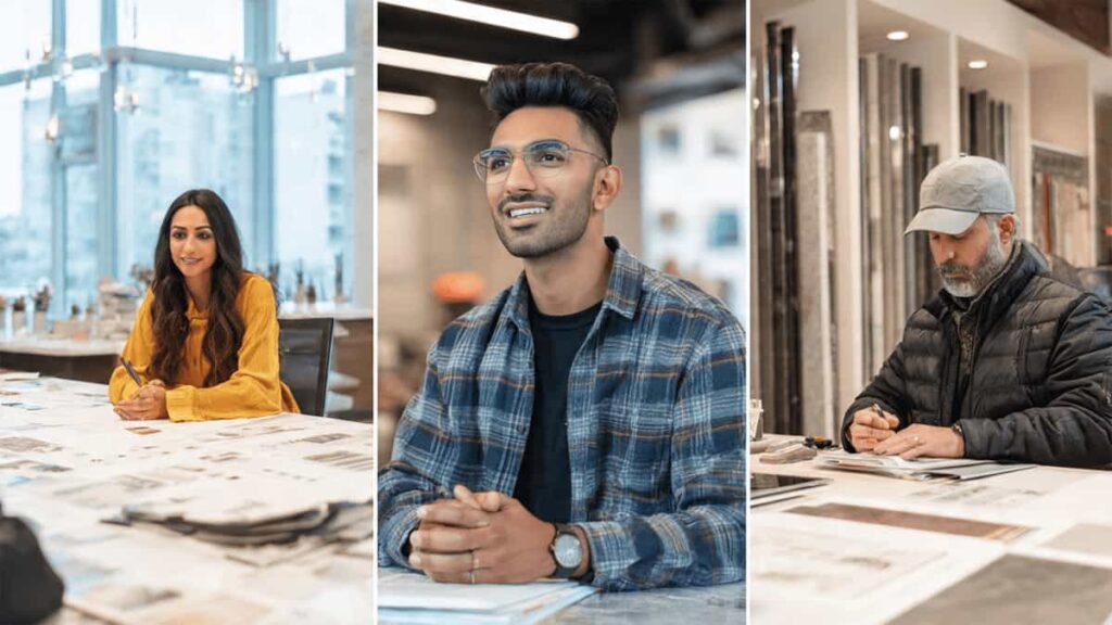 Collage depicting commercial roles in the window business: a sales executive reviewing blueprints, a client consultation meeting, and a modern window and tile showroom interior.